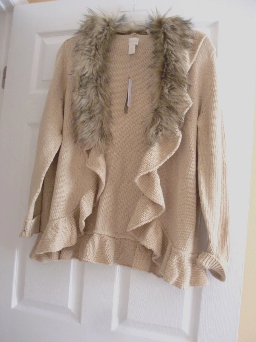 NWT CHICO S BEIGE KNITTED FANCY FOX FUR TRIM COLLAR SWEATER