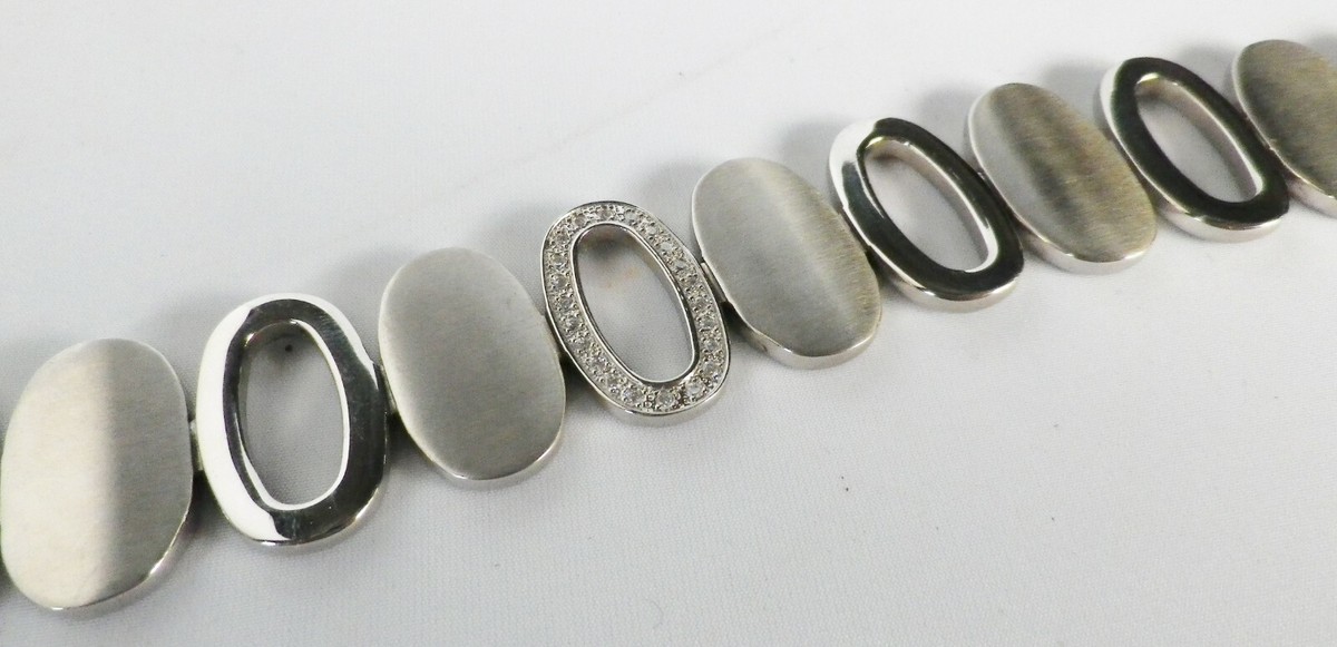Bracelet Maille Acier Ovoïde Avec Cristaux - Rhodié Argenté, Mixte, Modèle 4662