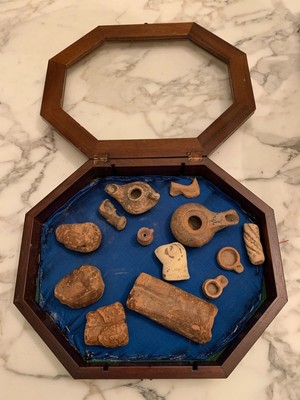 Collection of 14 Greco Roman Artifacts. Shadow Box included. GREAT PRICE