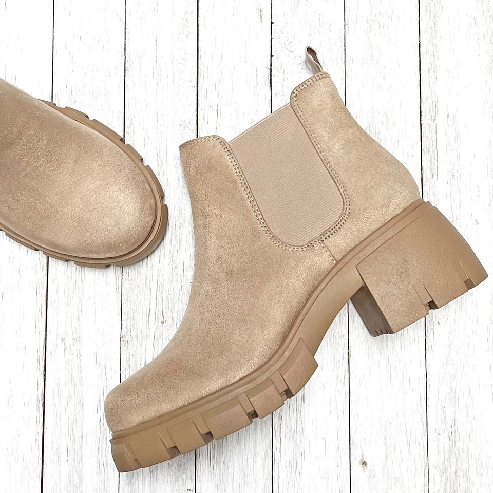 Nuevo Mujer Trigo Beige Chelsea Plataforma Tacón Grueso Botines Botines Foto 4 de 4