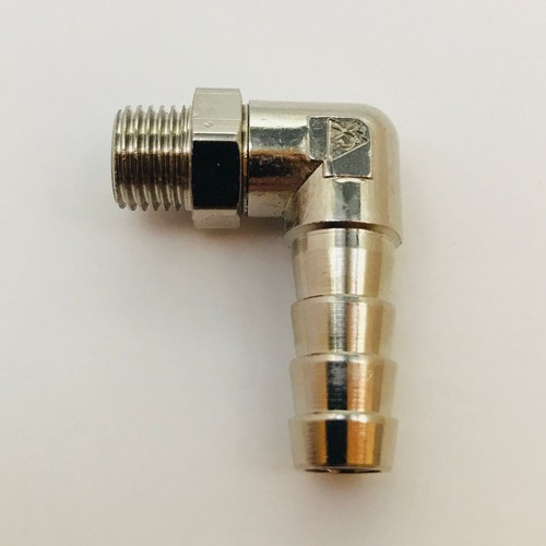 3/8" Barb x 3/8" Male NPT Brass 90° Elbow Swivel Rotating 360 Fitting - Picture 2 of 3