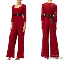 ADRIANNA PAPELL Red Lace Black Satin Ribbon Belted Sash Tie Pant Jumpsuit 4  S