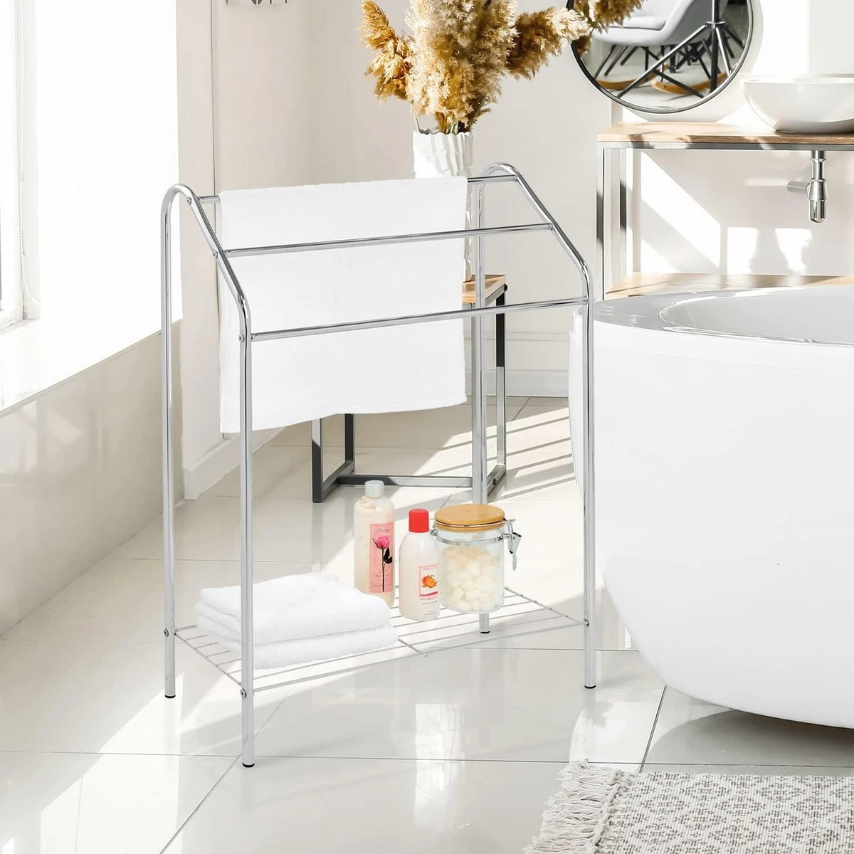 Bathroom Freestanding Silver Metal Towel Rack 3 Tiered Towel Drying Rack Stand