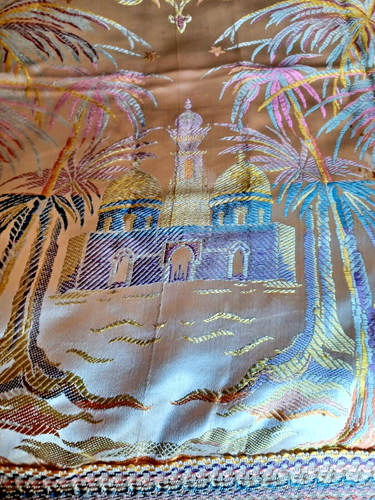 Vintage 1940s Egyptian bedspread fringed edge silver rayon camels palm trees Egy - Picture 6 of 8