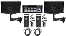 Pair Rockville KPS10 10" 3-Way 1200w Karaoke Speakers Mixer Wall Brackets Mics