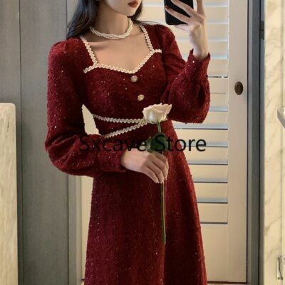 Elegant Vintage White Dress Women 2022 Winter Fairy Midi Party Dress  Evening | eBay