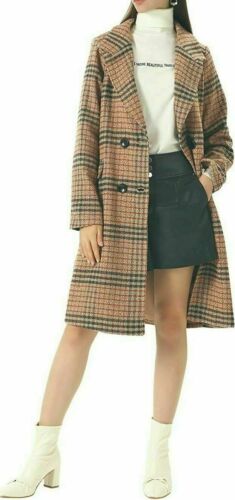 Women's Winter Oversize Lapel Collar Woolen Plaid Double Breasted Long Pea Coat - Picture 6 of 23