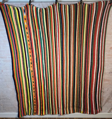 Vintage Crochet Afghan Multicolor Striped 72"x72" Granny Cottagecore Hippie Art