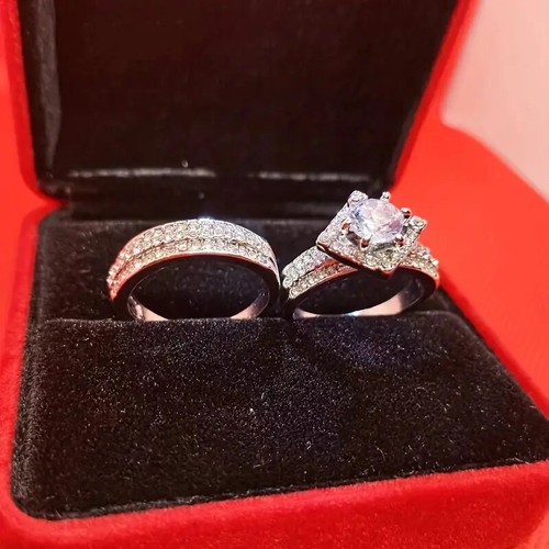 2 Pcs Luxury Silvery Shiny Rhinestone Zircon Wedding Ring Jewelry Women Gift New - Picture 4 of 5