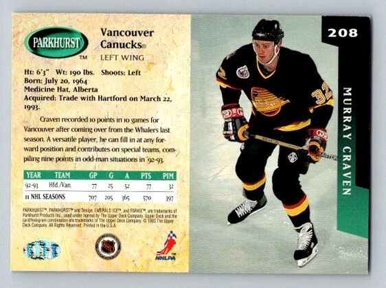 1993-94 Parkhurst Murray Craven #208 Vancouver Canucks - Image 2 of 2