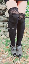 Lace Top Thigh High Socks Womens OTK Ribbed School Girl Boot Over Knee Birthday