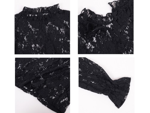 Damen lange Glockenärmel transparent Blumen Spitze Bluse Tops - Bild 9 von 25