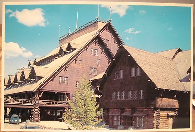 Vintage Postcard OLD FAITHFUL INN Yellowstone Natl Park VW Bug 4x6 TWA Services