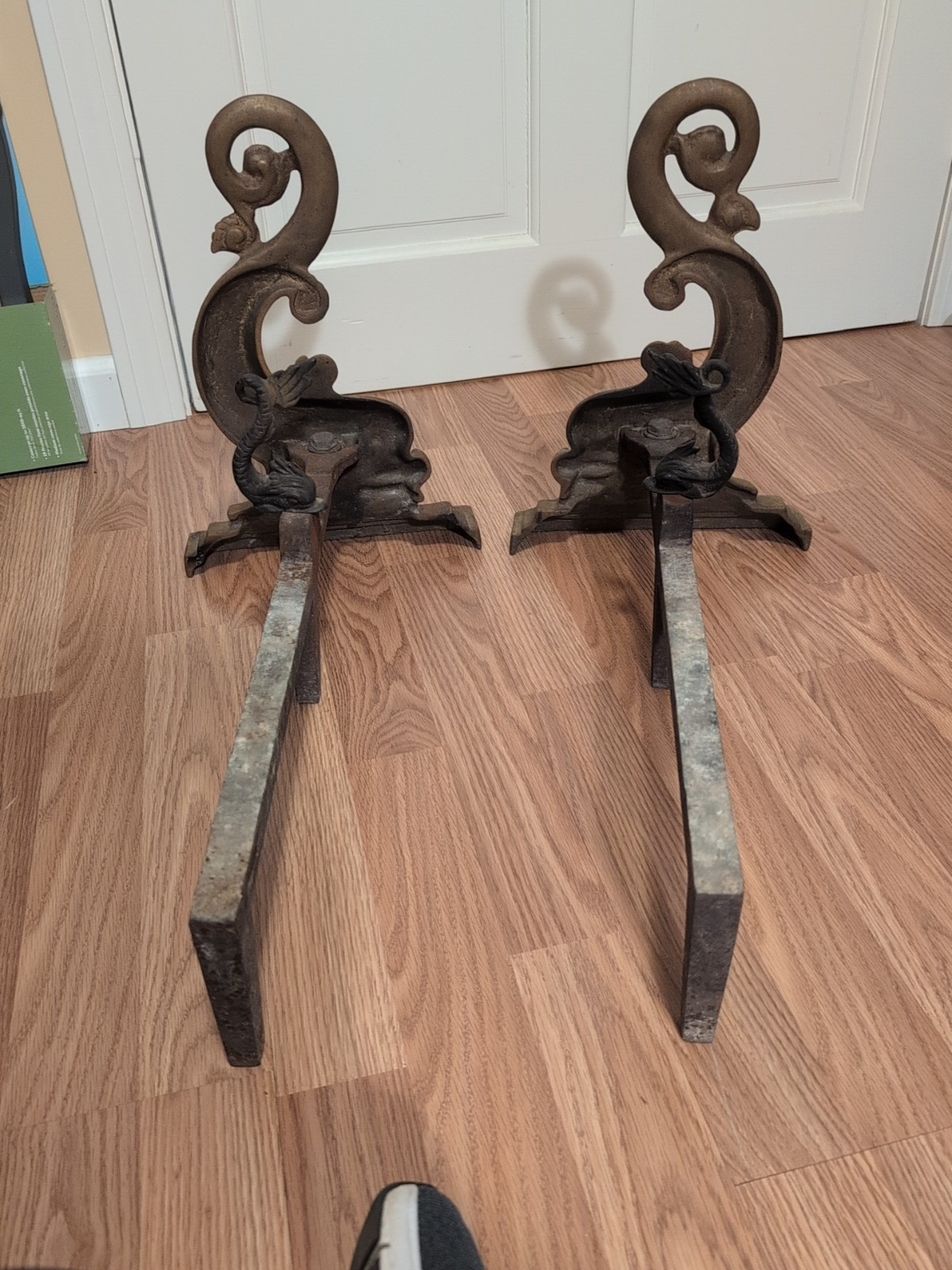 Pair Of  Brass Dolphin Fireplace Andirons With Log Holders