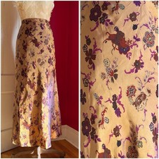 Vintage 1990s Boho Gold Satin Purple Sheen Bull  Wildcat Print Slip Skirt XS