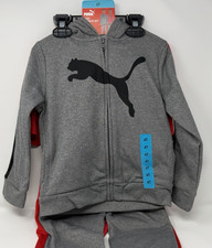 Boys Size 4T PUMA Kids' 3-Piece Set Outfit Zip-Up Hoodie, Shirt, Pants Gray Red