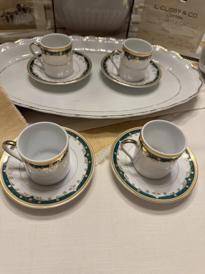 Juego de 4 tazas/platillos de oro verde Porzellanfabrik MCS Tiger Yedi Bavarian Demitasse Foto 4 de 4