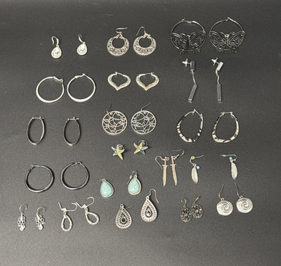 Vintage Mixed Lot Of 19 Pair Silver Toned Pierced Earrings, hoops, dangles More!