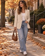 103. Women  s Cream Beige One-Button Tailored Blazer Jacket