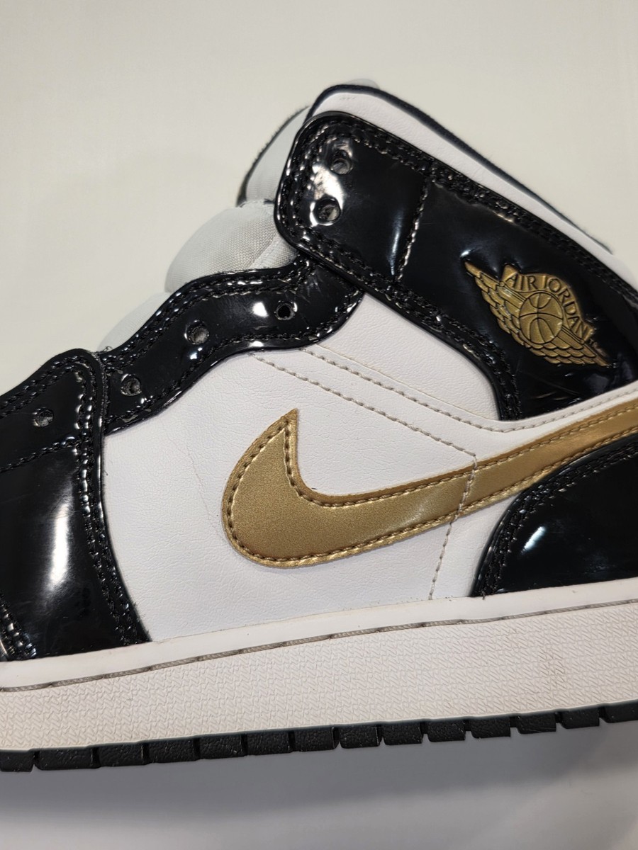 Nike Air Jordan 1 Mid GS Black White Gold Patent Leather Youth 5.5
