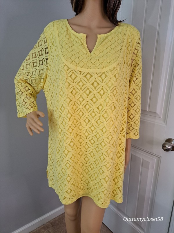 3/4 Sleeve Dress. Isaac Mizrahi, Size 2X. Yellow, Crocheted. Sissy Fem CD Trans