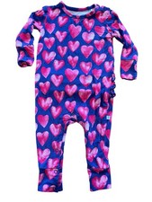 Posh Peanut EUC/NWOT Blue/Pink Hearts Ruffled Bamboo Coverall-12-18Mos