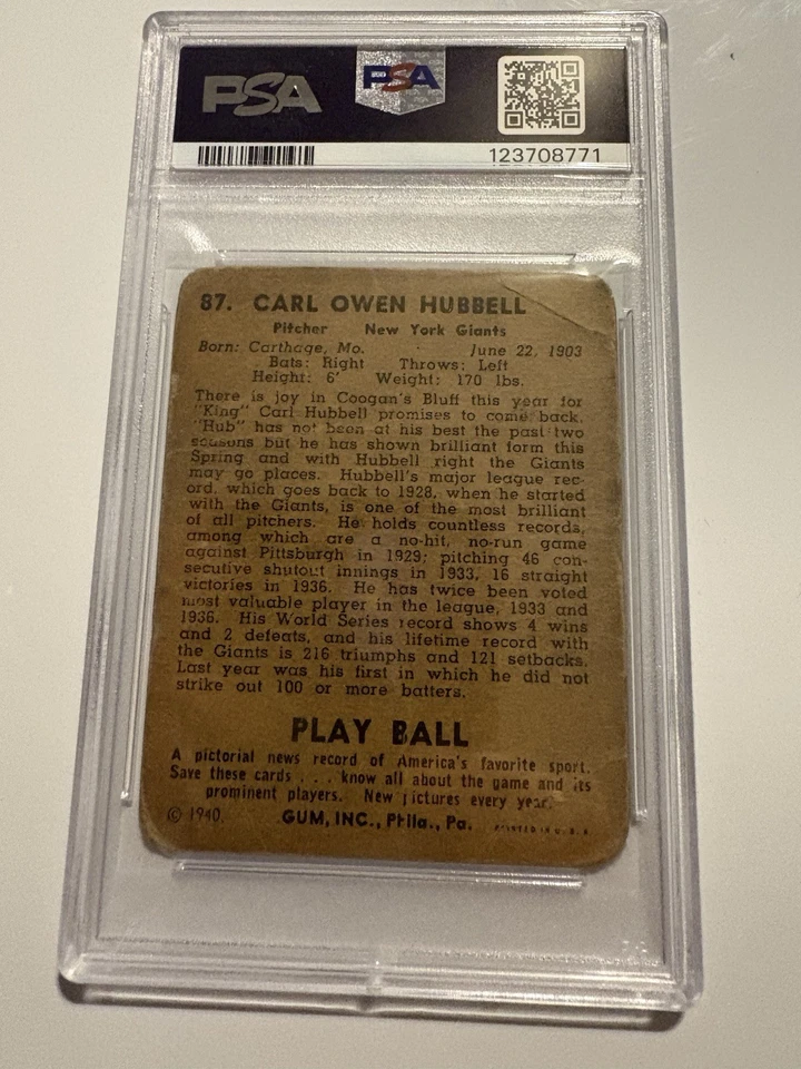 Play Ball 1940 - Carl Hubbell #87 Foto 2 de 2