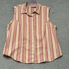 BASS Sleeveless Button Down Top Sz XL Coral Yellow White Striped Stretch Cotton