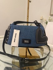 DKNY Rocco Mini Jeans Blue Crissbody Bag , Studded Black Heart Charm NWT 118.00