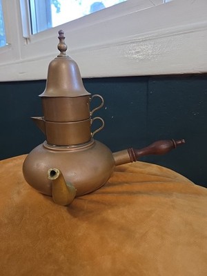 vintage copper and brass  coffee pot with creamer, cup and lid