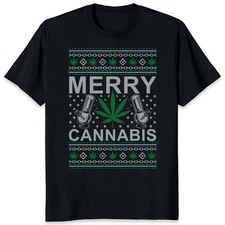 Merry Cannabis Pot Leaf Funny Weed Bong Ugly Christmas Marijuana Stoner T-Shirt