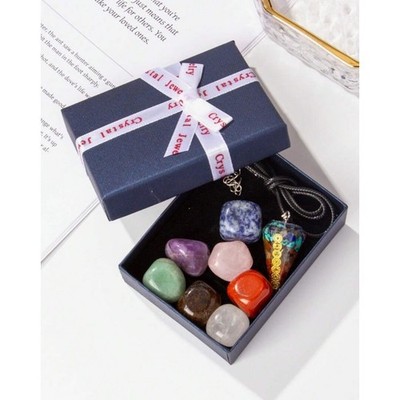 7 Chakra Crystal Healing Set Orgone Pendulum Necklace Tumbled Stones Gift Box