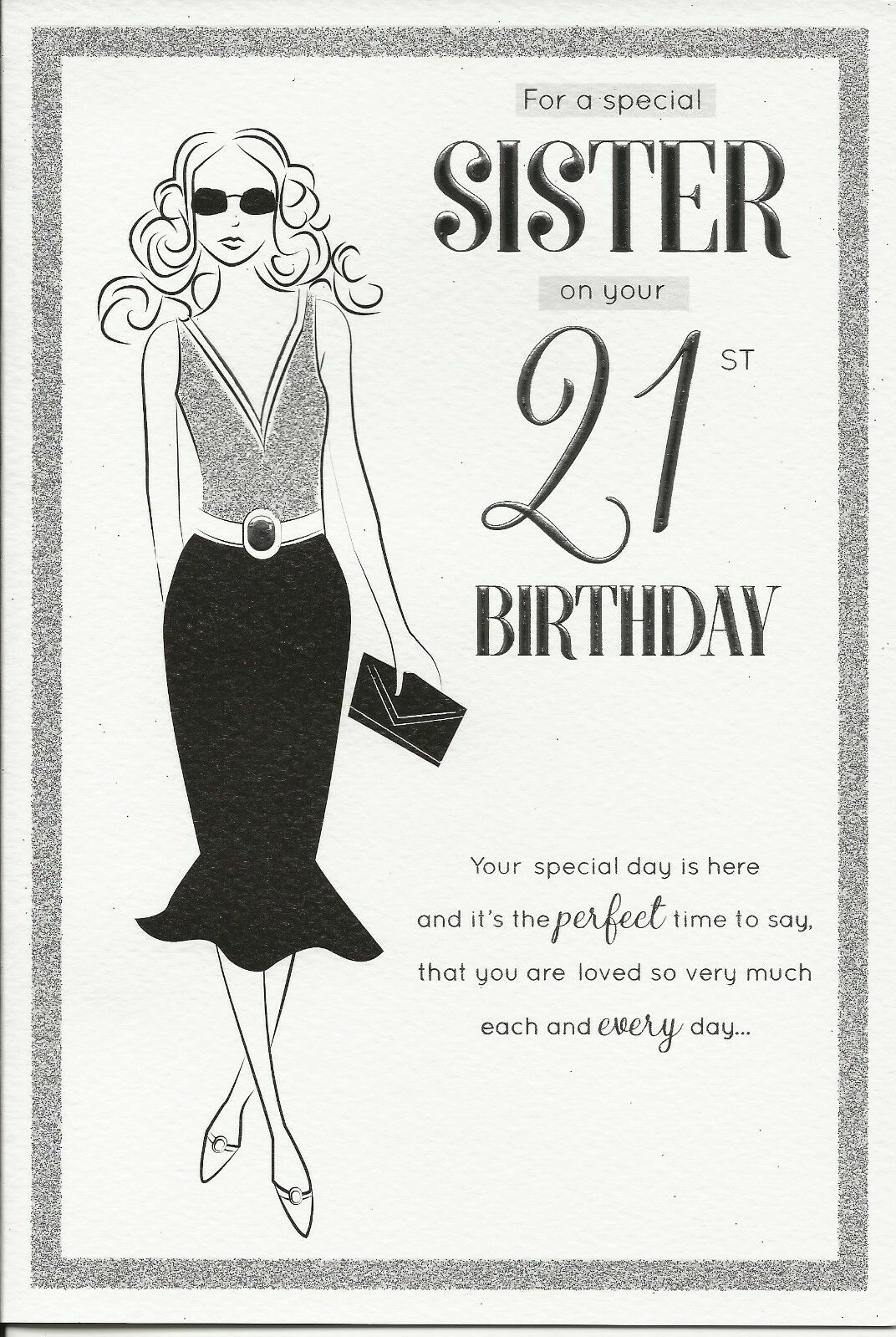 Sister 21st Birthday Card On Your 21 Black Dress Design Happy Lovely Verse