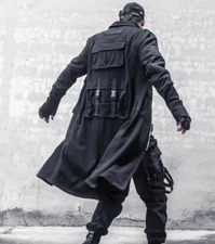 Multi-pocket Overalls Mens Mid Length Loose Long Sleeve Shawl Collar Trench Coat