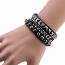 Multilayers Rock Spikes Rivet Chains Gothic Punk Cuff Leather Fashion Bracelet