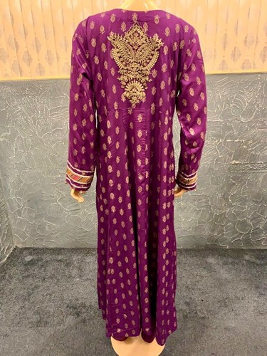 Pakistani Purple long frock Style Embroidered linen dress,Large - Picture 12 of 12