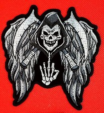 Grim Reaper Flipping The Bird Sew-On Iron-On Embroidered Patch 3.9 "X 4 "