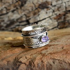 Faceted Amethyst Gemstone 925 Sterling Silver Spinner Ring Meditation Jewelry