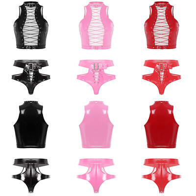 Women Set Costume Suit Patent Leather Outfits Wet Look Sexy Sleeveless Lingerie