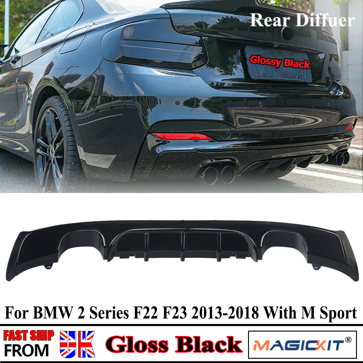 FOR BMW 2 SERIES F22 F23 M SPORT QUAD REAR DIFFUSER M PERFORMANCE GLOSS BLACK UK