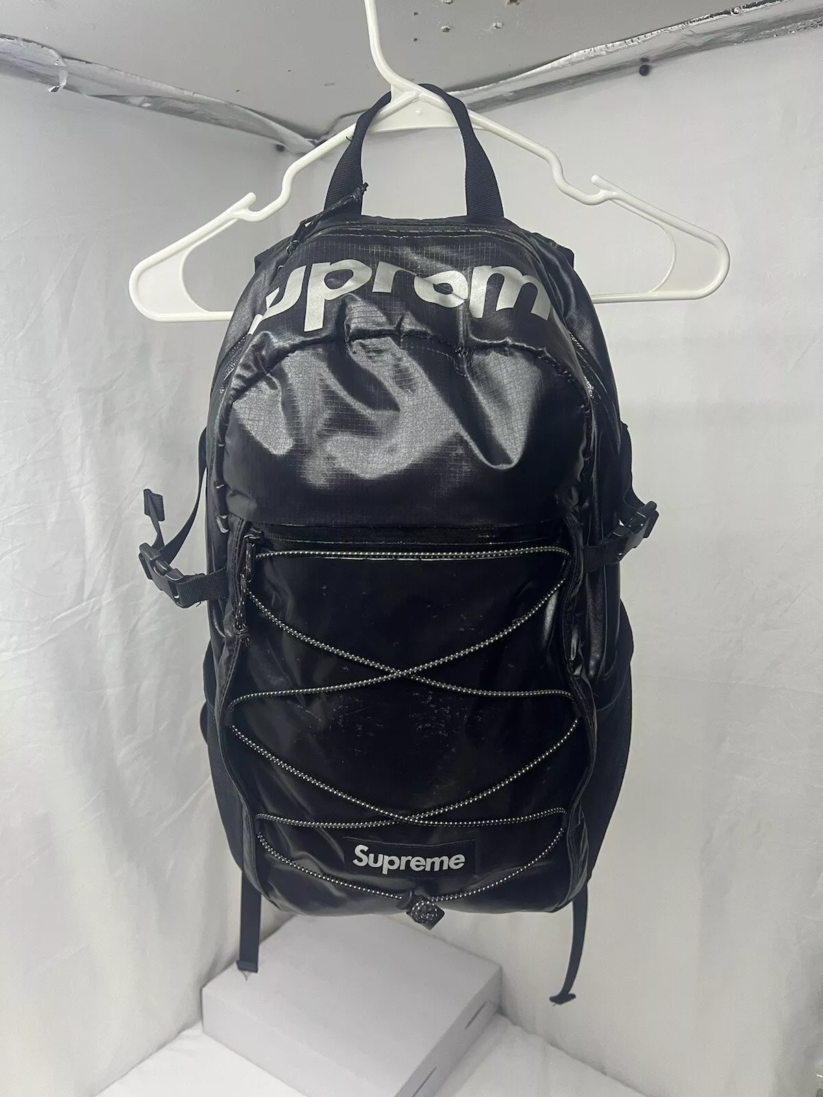 FW17 Supreme Sac à Dos Noir Cordura Tissu Boîte Logo Texte Réfléchissant