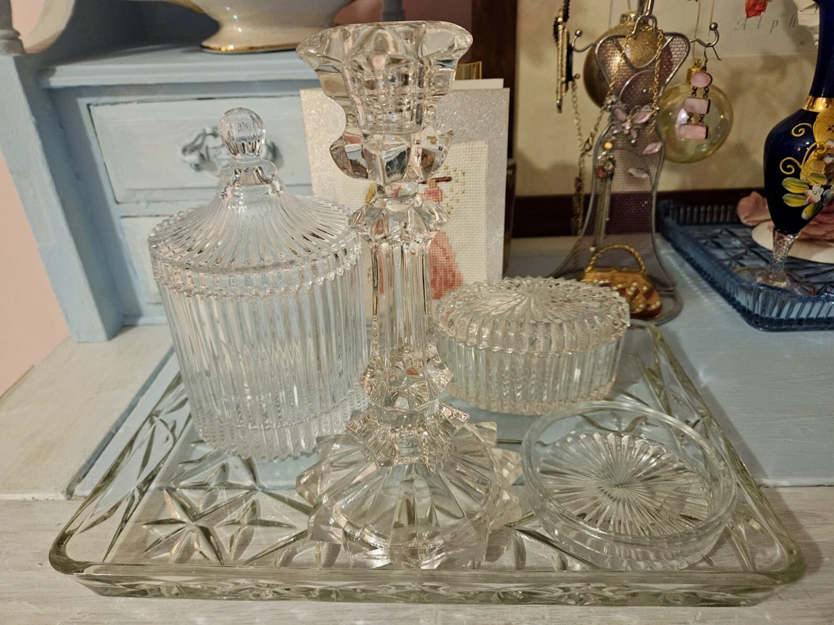 5 PIECE CUT GLASS AND CRYSTAL DRESSING TABLE SET BATHROOM SET. VINTAGE