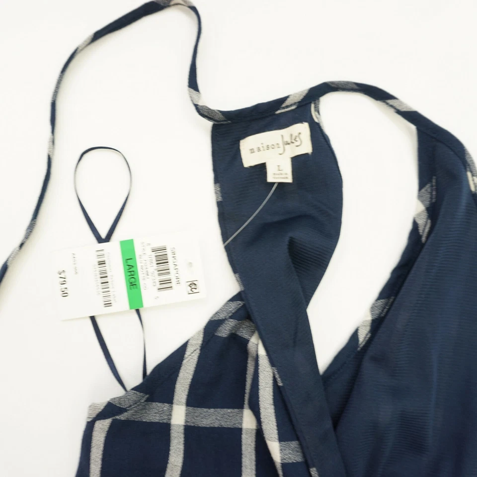 Maison Jules Womens Romper Neck Tie Back Windowpane Plaid Jumpsuit Blue L $79 - Image 3 of 4