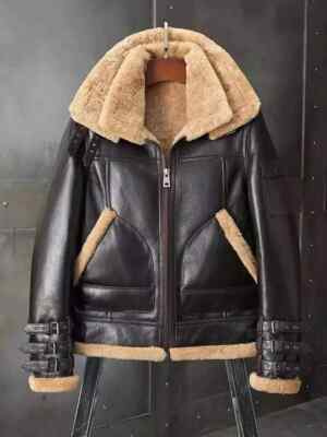 Mens RAF Aviator Fashion Real Sheepskin Leather Double Collar Fur Jacket USA