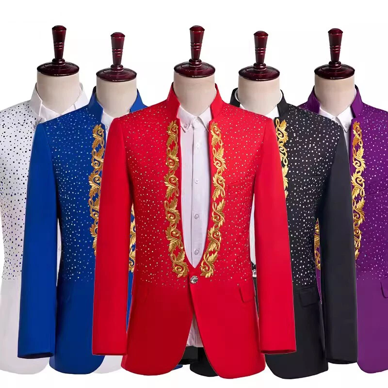 Men Embroidery Rhinestone Suit One Button Blazer Jacket Coat Business Party Suit