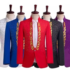 Mens Embroidery Rhinestone One Button Blazer Jacket For Corporate Party