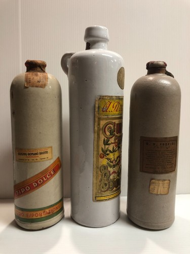Brotto, Pezziol e Pizzolotto, 3 bottiglie in coccio e opalina, vintage - Foto 3 di 11