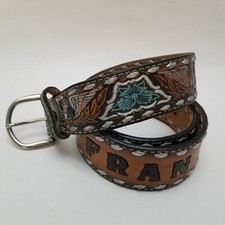 Vtg Hand Tooled Brown Leather Eagle Belt Size 38 Western Cowboy Boho USA FRAN