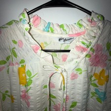 Vintage Miss Elaine Seersucker Floral House Coat Cottagecore Prairie Maxi USA