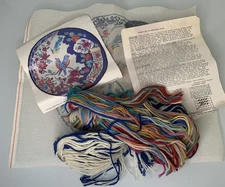 Vintage Create Your Own Blue Delft Pillow 14" Kit Needlepoint Round Bird Wool